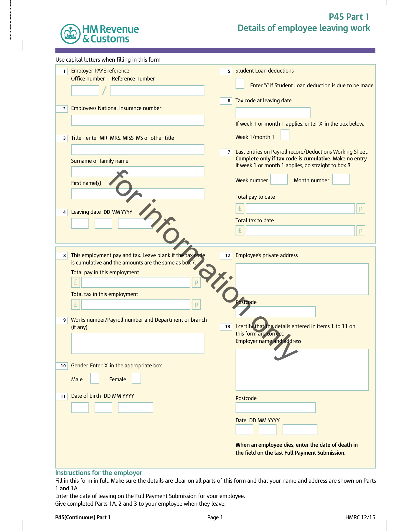 Official HMRC P45 form, Part 1: details of employee leaving work