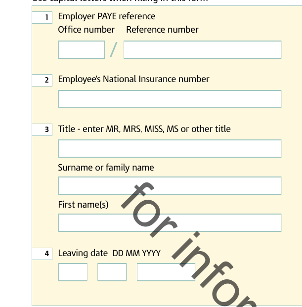 P45 boxes 1 to 4: employer PAYE reference, National Insurance number, name and leaving date