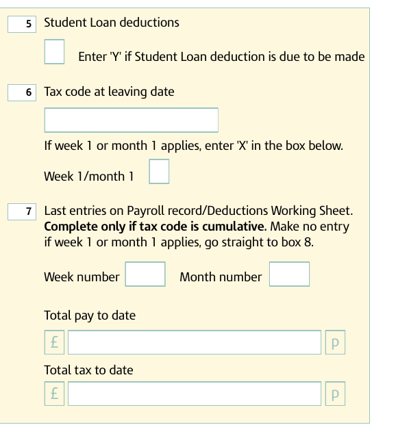 P45 boxes 5 to 7: student loan flag, tax code at leaving date, total pay and tax to date