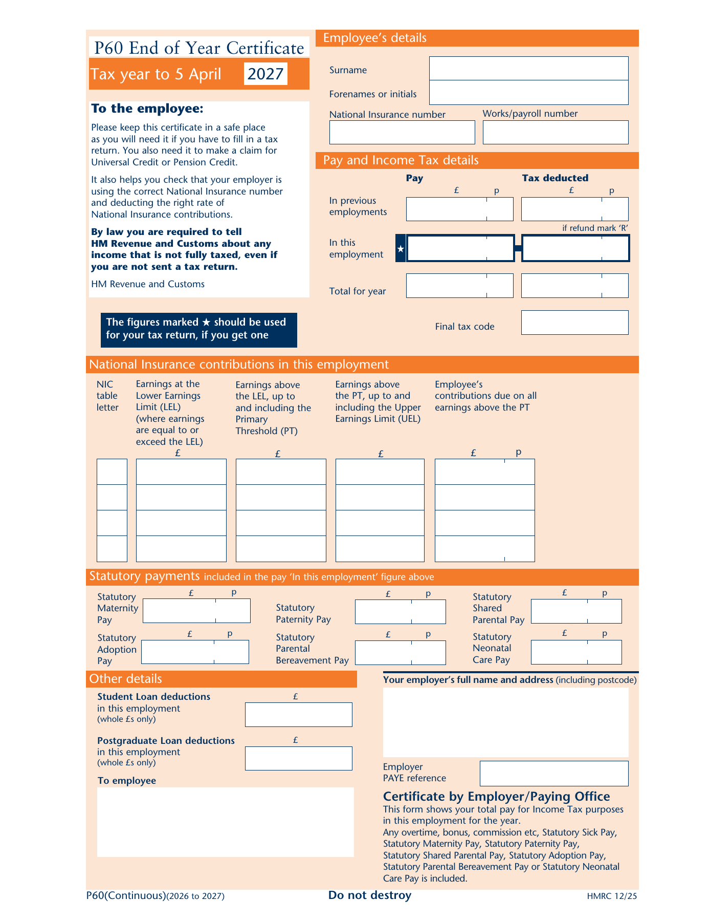 Official HMRC P60 End of Year Certificate for the 2026-27 tax year