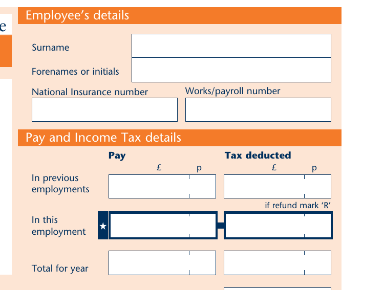 P60 employee details and pay and Income Tax details zones, with the starred in-this-employment figure and final tax code