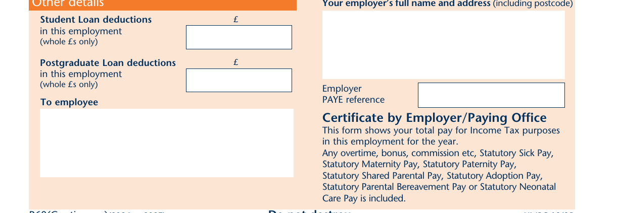P60 other details: student and postgraduate loan deductions, employer name, address and PAYE reference