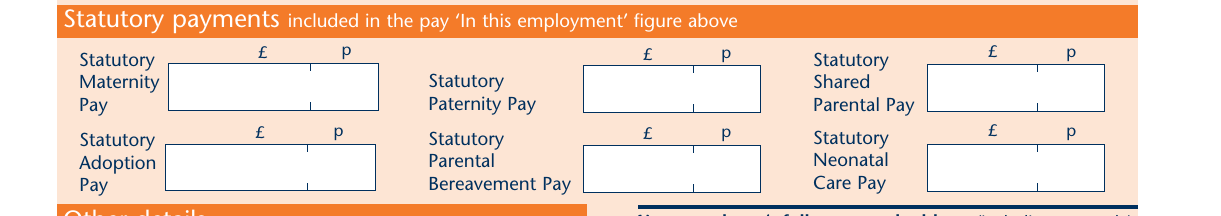 P60 statutory payments boxes: SMP, SPP, ShPP, SAP, SPBP and Statutory Neonatal Care Pay