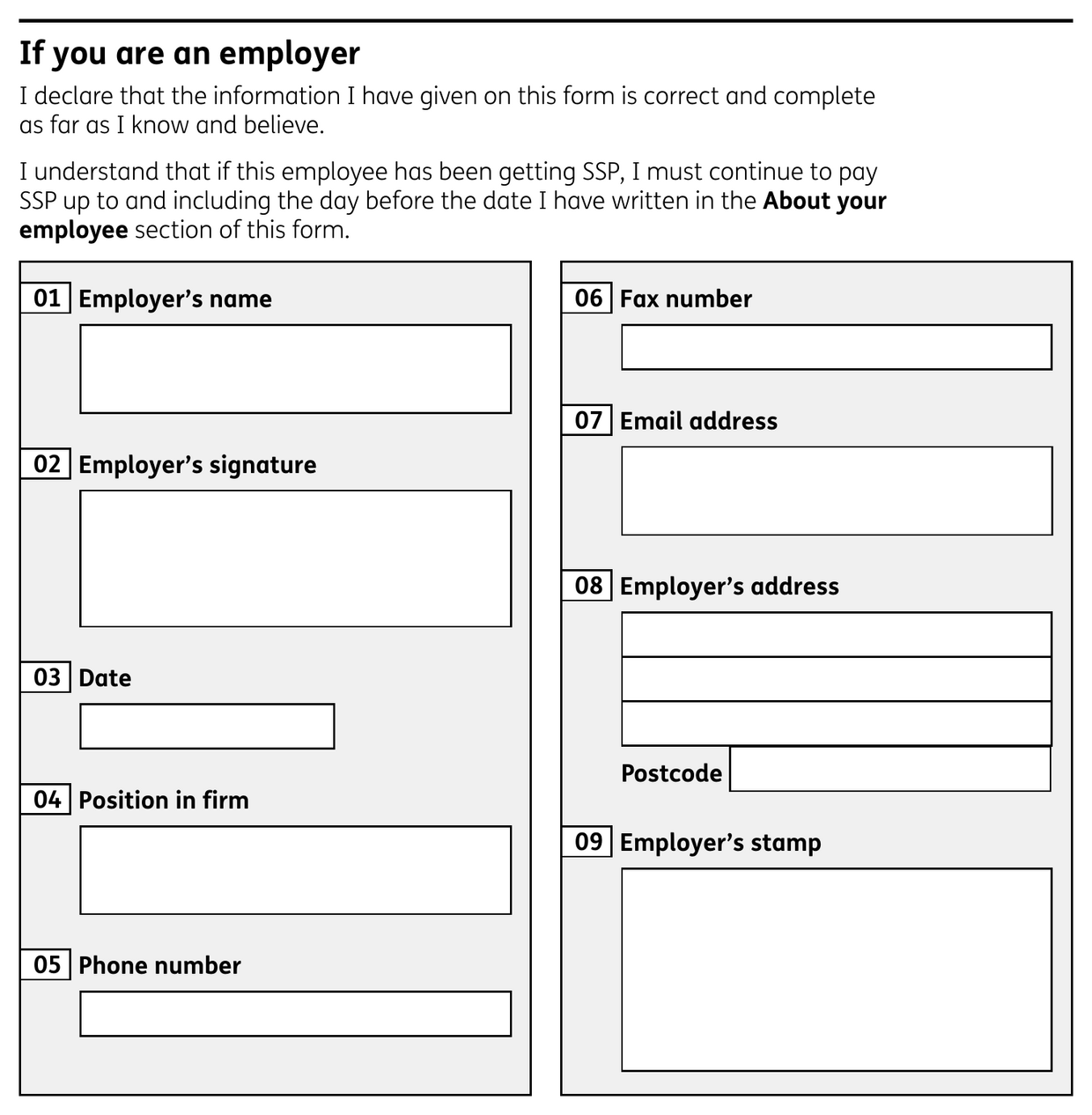 Official HMRC form SSP1, employer declaration section with boxes 01 to 09