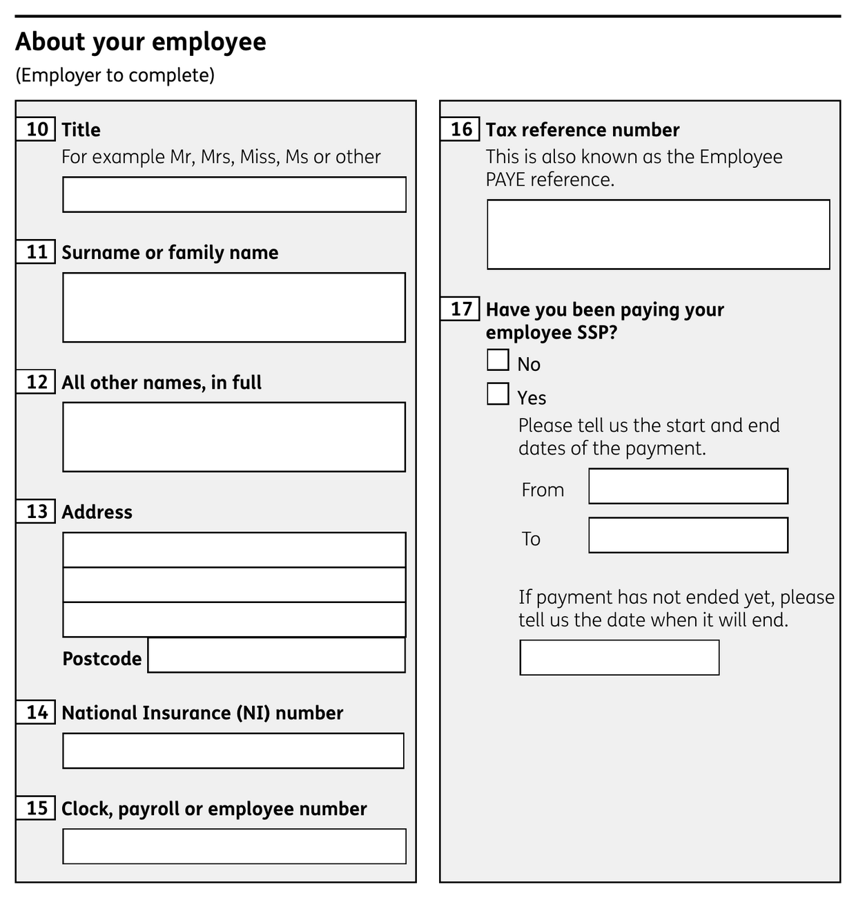 HMRC form SSP1, About your employee section with boxes 10 to 17