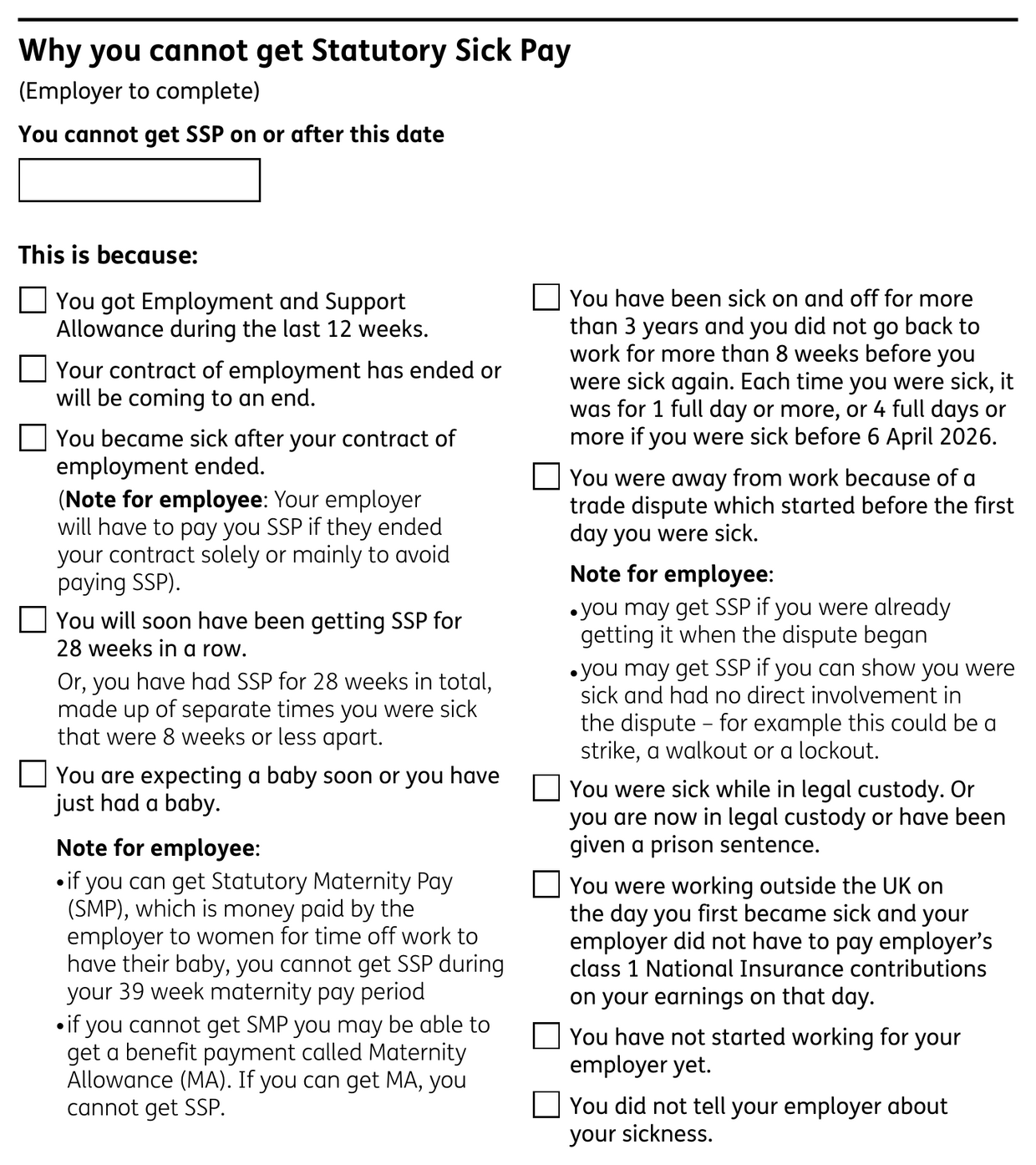 HMRC form SSP1, Why you cannot get Statutory Sick Pay, date field and reasons checklist